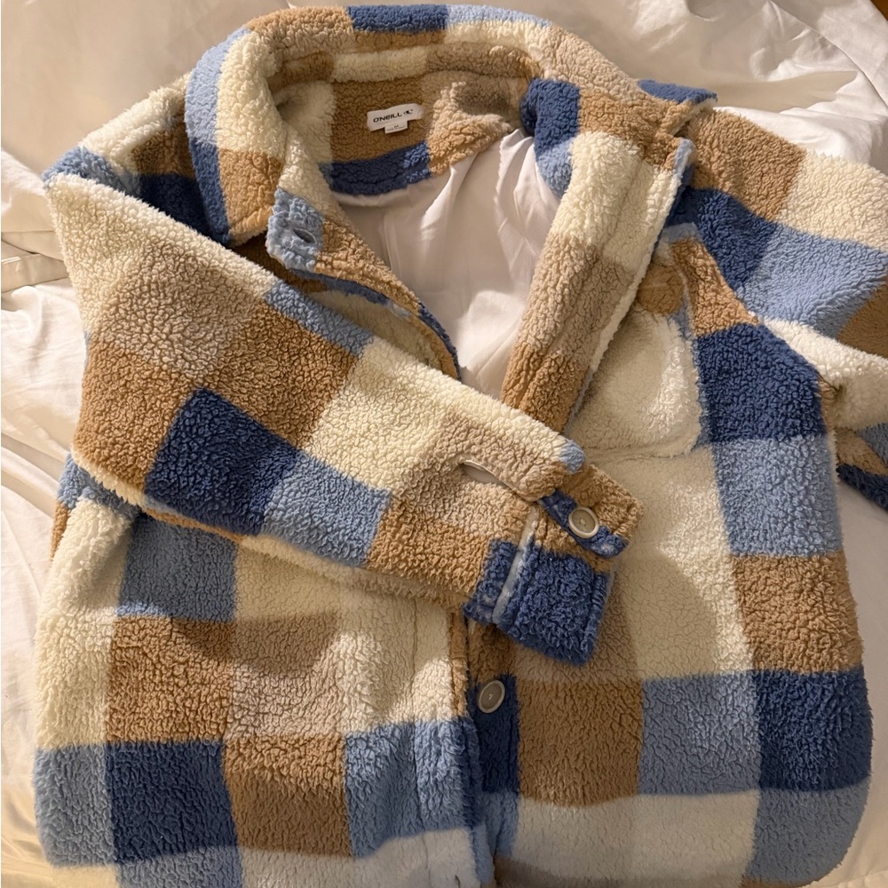 O'Neill Womens Blue and Tan Checkered Puffer Jacket